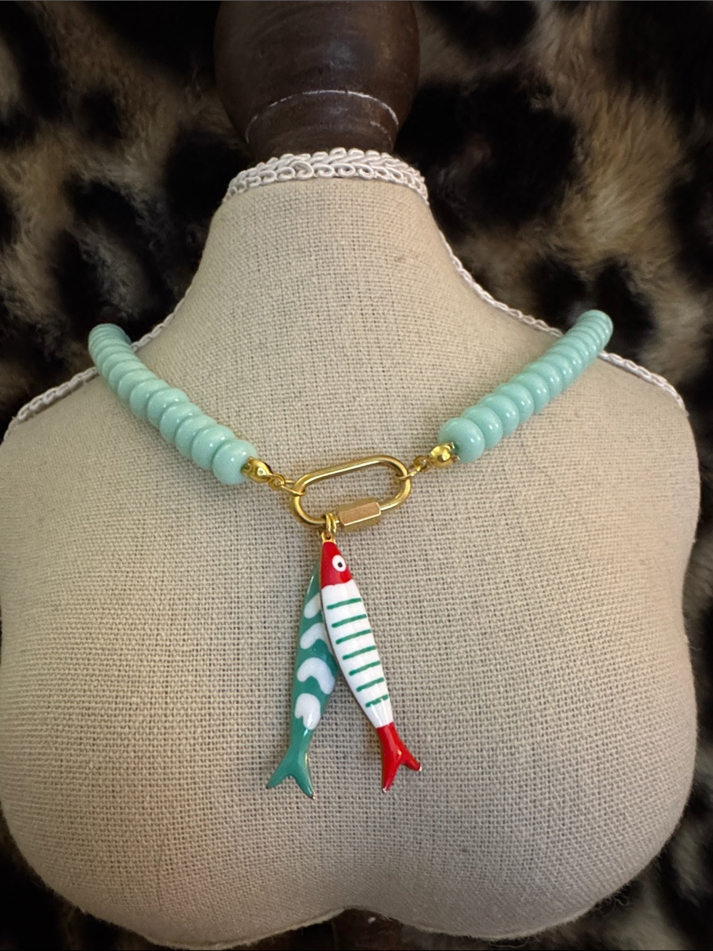 Mint Beaded Necklace with Gold Link and Two Fish Charms